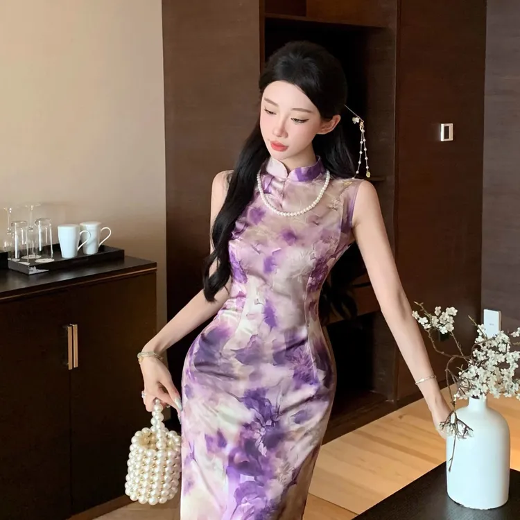 2025春夏紫色旗袍新中式港工晕染改良旗袍国风立领盘扣旗袍连衣裙