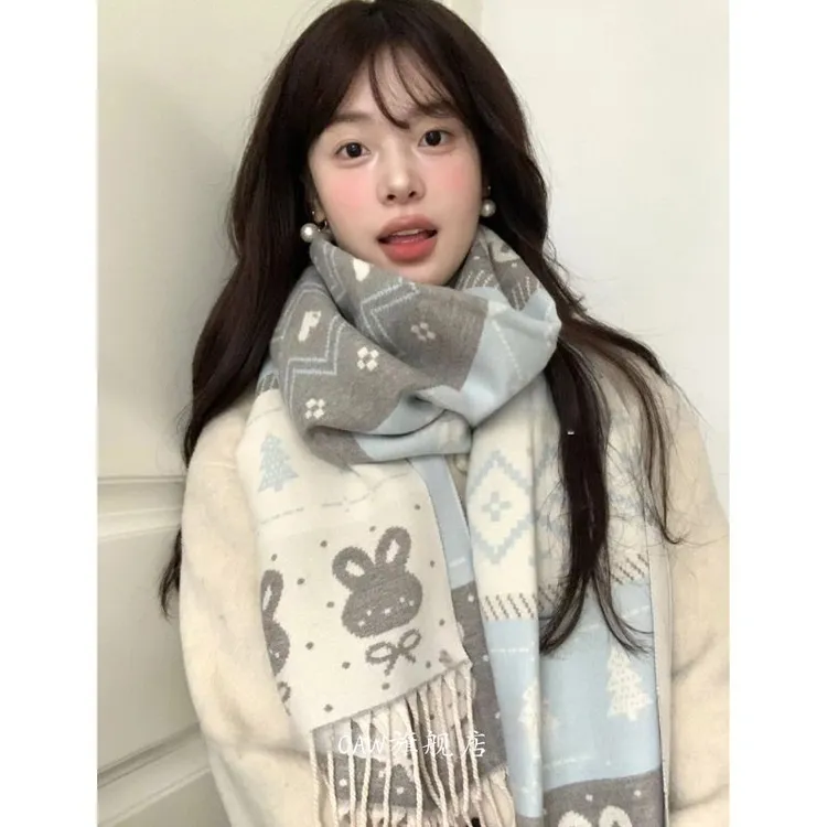 秋冬新款冬日雪兔提花蓝粉围巾可爱韩系披肩保暖学生围脖情侣百搭