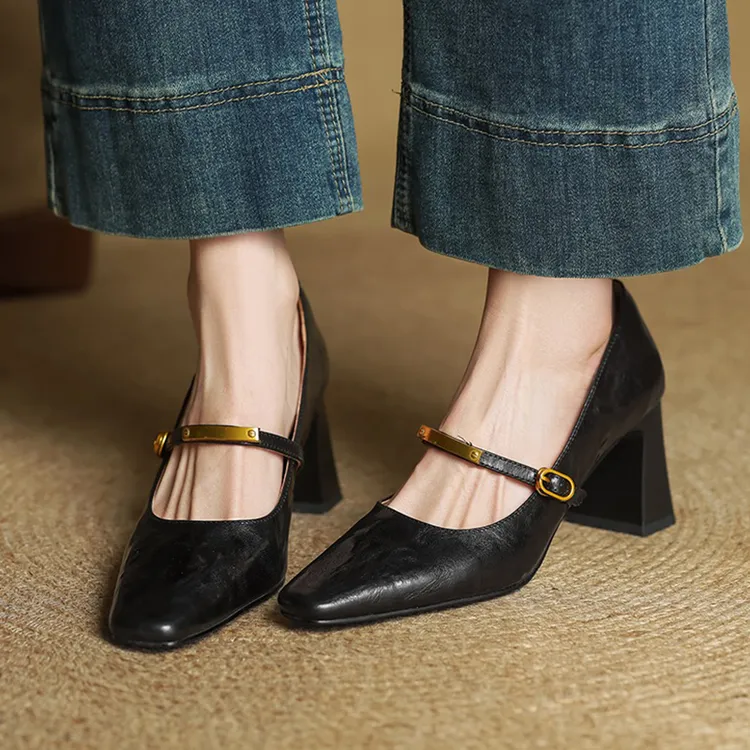 软羊皮~粗跟一字带法式浅口单鞋女新款复古百搭玛丽珍高跟鞋女士