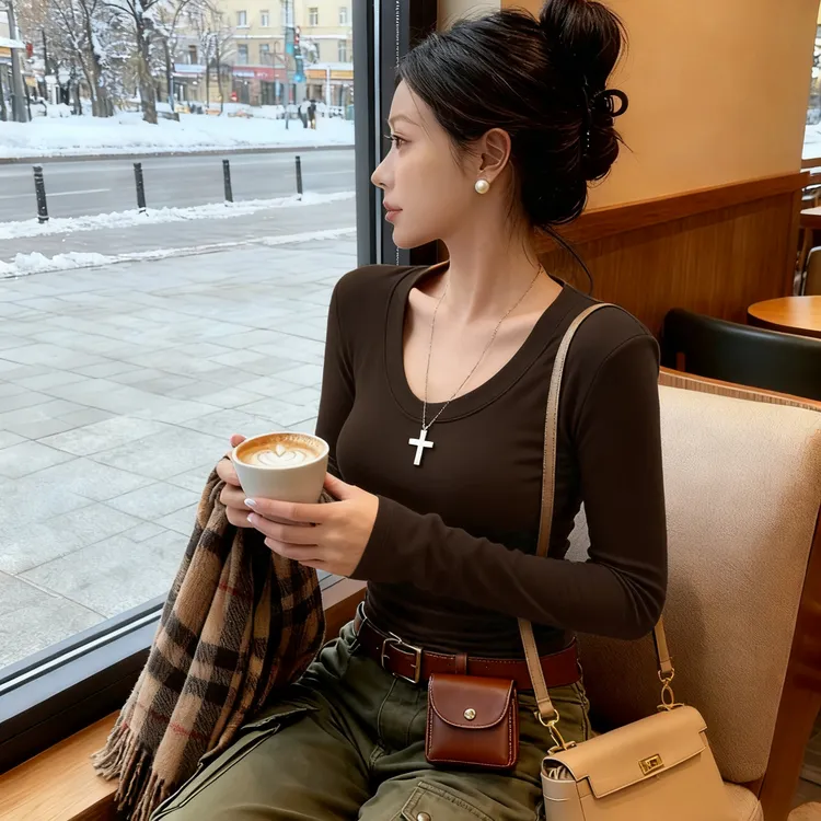 2025新款秋冬季加厚女长袖纯色休闲风U型领辣妹修身打底T恤上衣