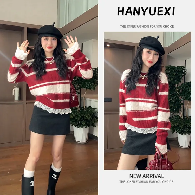 今年流行漂亮套装2025新款减龄蕾丝打底衫红色毛衣百搭短裙三件套