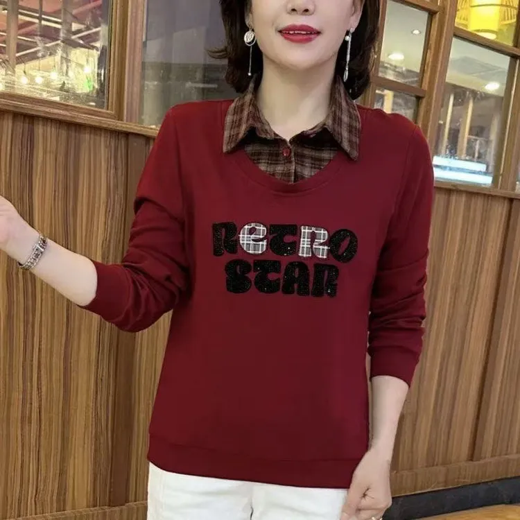 新款春秋长袖格子时尚拼接秋季宽松型字母女装