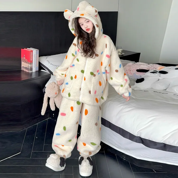 女童法兰绒家居服加厚连帽保暖套装秋冬中大童休闲宽松睡衣两件套