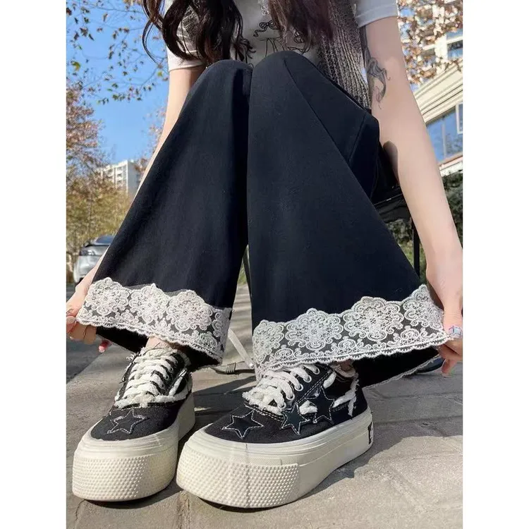 蕾丝花边阔腿裤女夏季2025新款松紧腰显瘦休闲裤小个子直筒九分裤