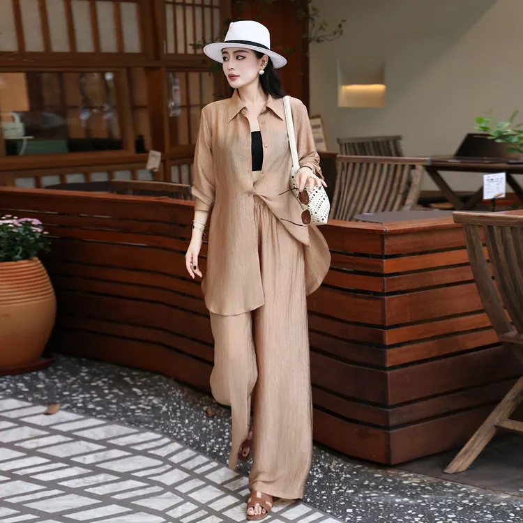 2025夏季法式轻薄爽滑宽松休闲老钱风衬衫阔腿裤松驰女套装两件套