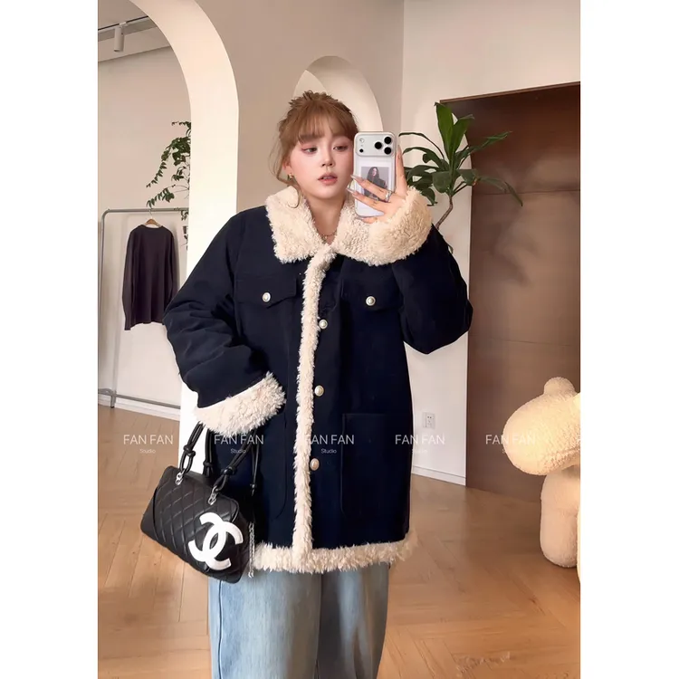 【夏夏】星夜巡游-大码冬季翻领保暖加厚显瘦氛围感毛毛外套F0097