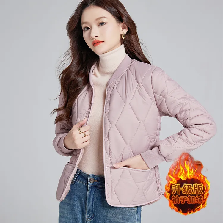 冬季时尚菱格保暖修身圆领立领韩版棉衣棉服女士短款中老年女装外
