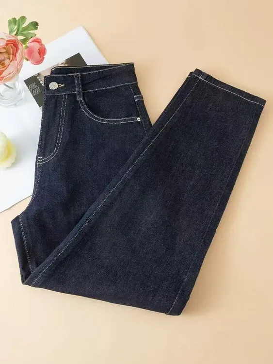 普洗蓝加绒牛仔裤女冬季2025新款高腰宽松显瘦弹力哈伦老爹裤