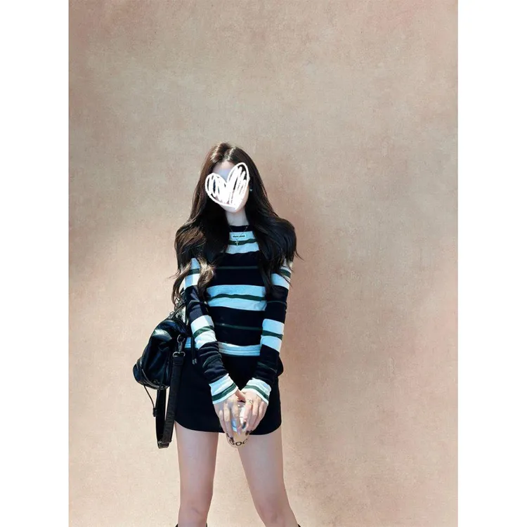 【半岛早秋】miu系~撞色条纹圆领长袖打底T恤22302#