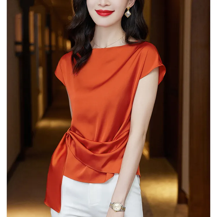 2025夏季新款短袖高端衬衫上衣女时尚缎面小衫女夏季洋气收腰衬衣