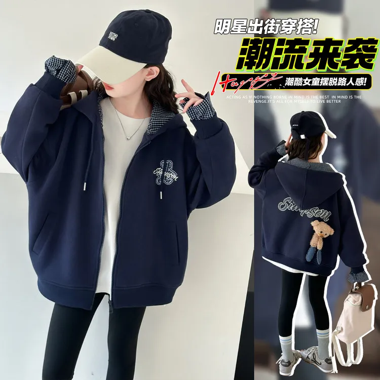 女童秋装外套2025新款女大童春秋季韩系休闲上衣儿童连帽卫衣开衫