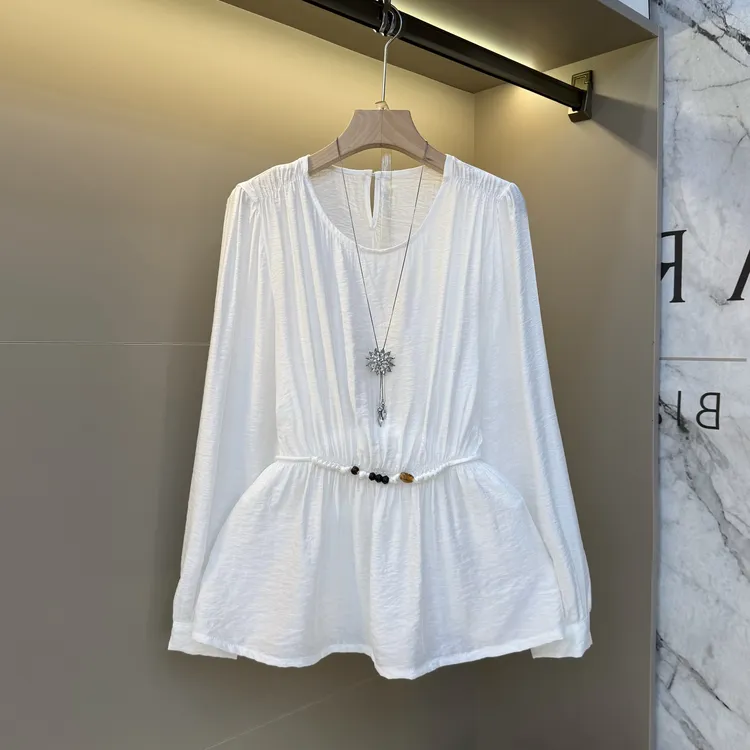 2025秋圆领设计感收腰系带衬衫别致独特百搭显瘦气质长袖上衣717