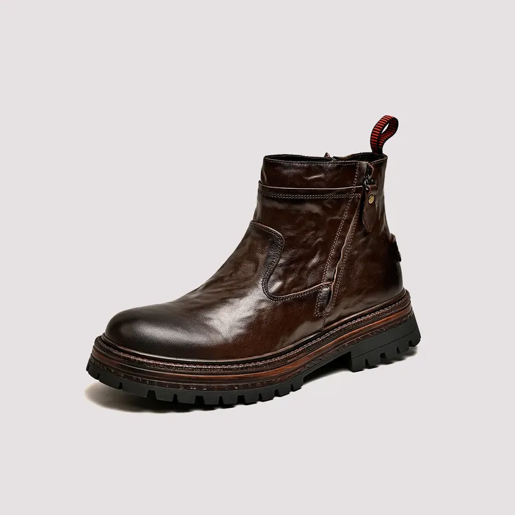 Brounvanm秋冬季马丁靴男士真皮英伦复古时尚拉链厚底短靴X5R56