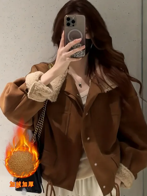 美拉德穿搭 复古加厚短款毛外套女小个子8047