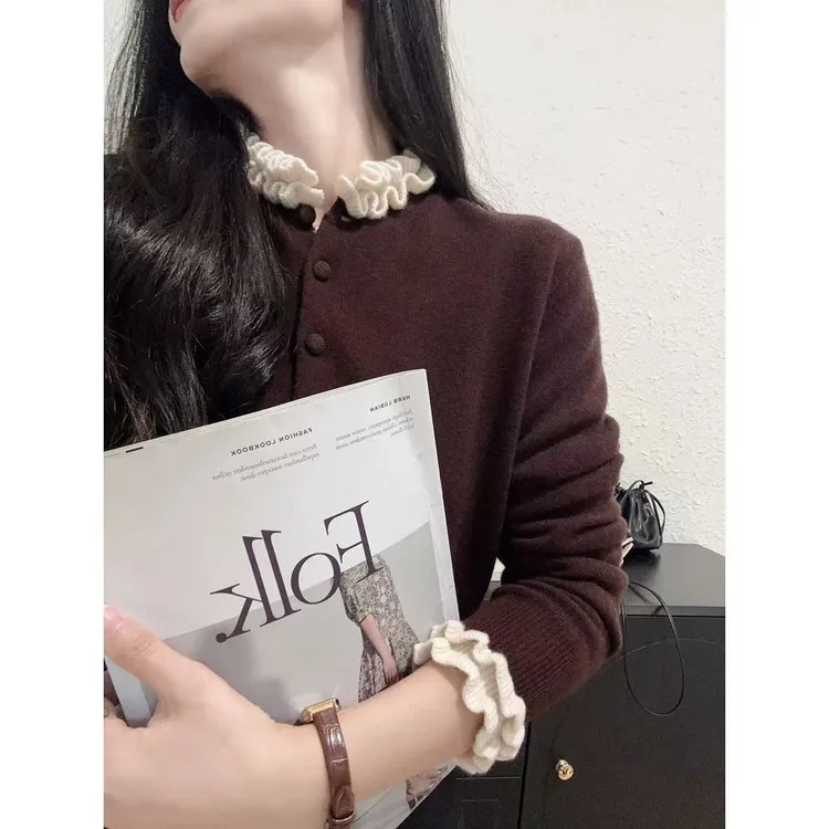 法式撞色毛衣木耳花边针织开衫毛衣宽松针织上衣799-1