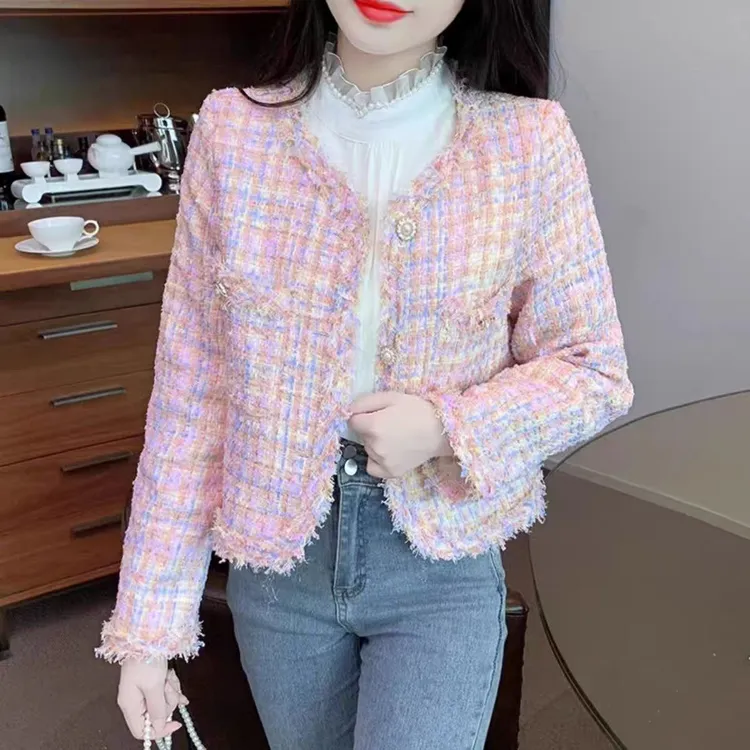 名媛粉色小香风春秋小个子2025新款短款高级法式气质外套夹棉上衣