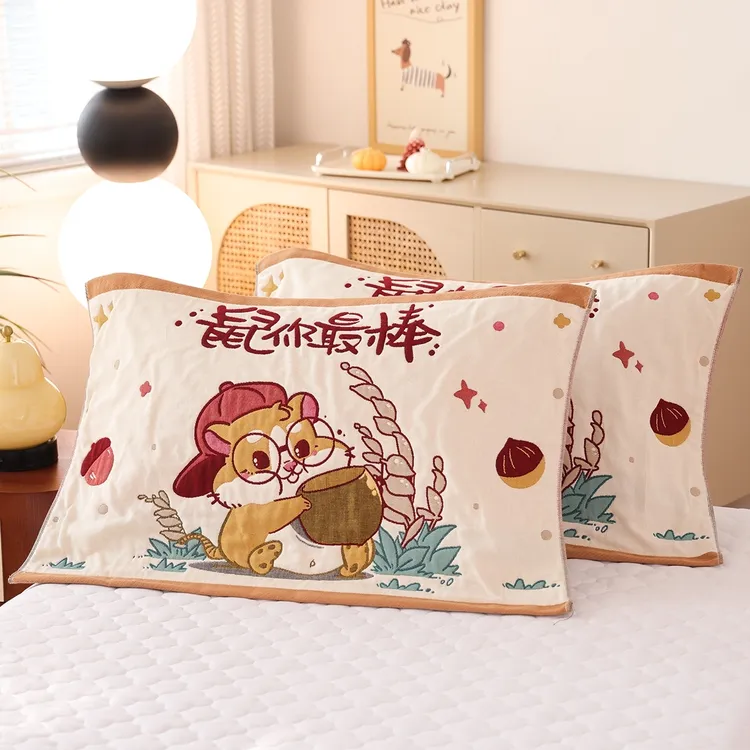 十二生肖八层纯棉纱布枕巾一对装柔软卡通加厚全棉枕头巾家用盖巾