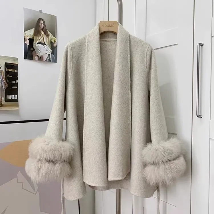 2025年秋冬千金名媛风双层狐狸毛双面羊毛大衣外套女优雅气质显瘦