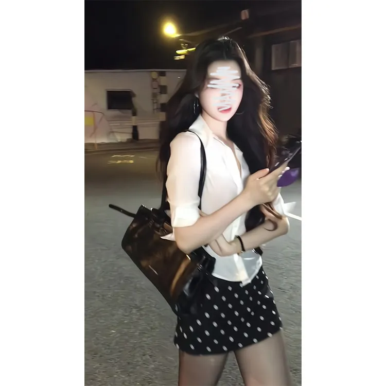 白色V领短袖POLO衬衫纯欲修身收腰短款上衣波点半身裙包臀裙短裙