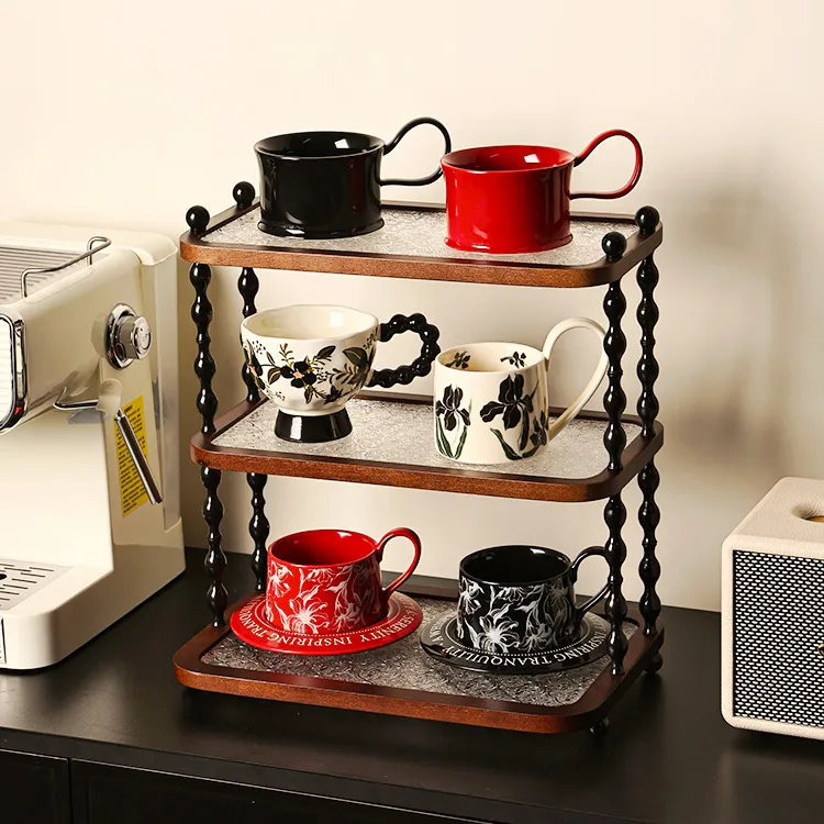 中古风轻奢客厅家用桌面收纳实木置物架海棠花纹高级感水杯杯架