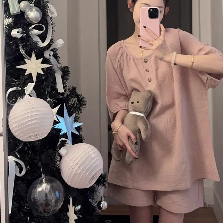 夏季新款睡衣女婴儿棉布简约素色宽松薄款夏天棉麻全棉家居服套装