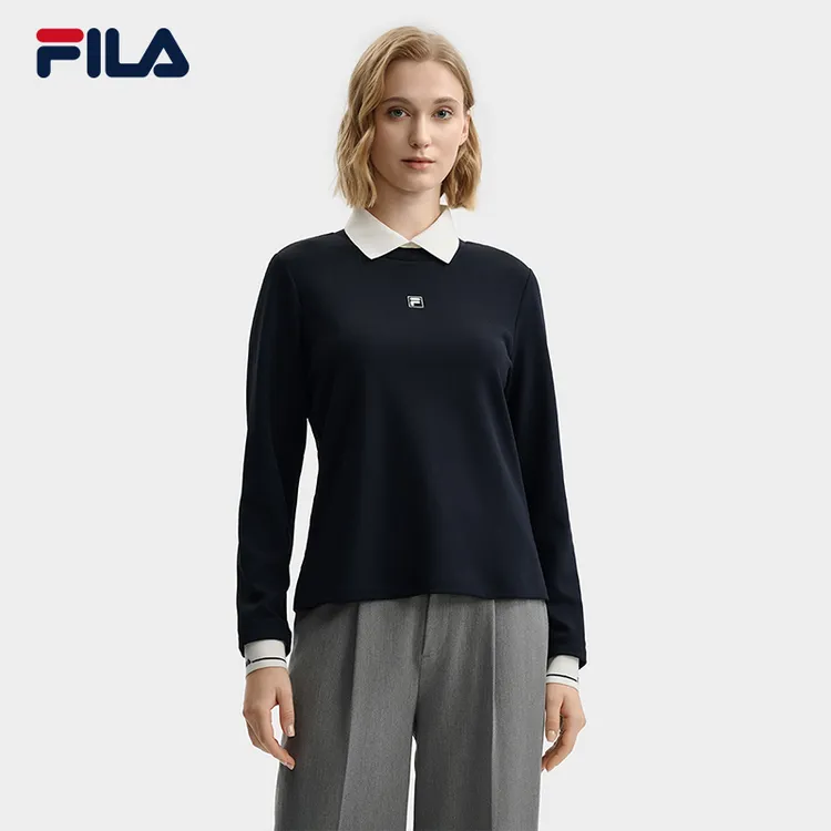 Fila/斐乐针织拼色长袖套头款圆领polo衫上衣女款套头F11W544203F