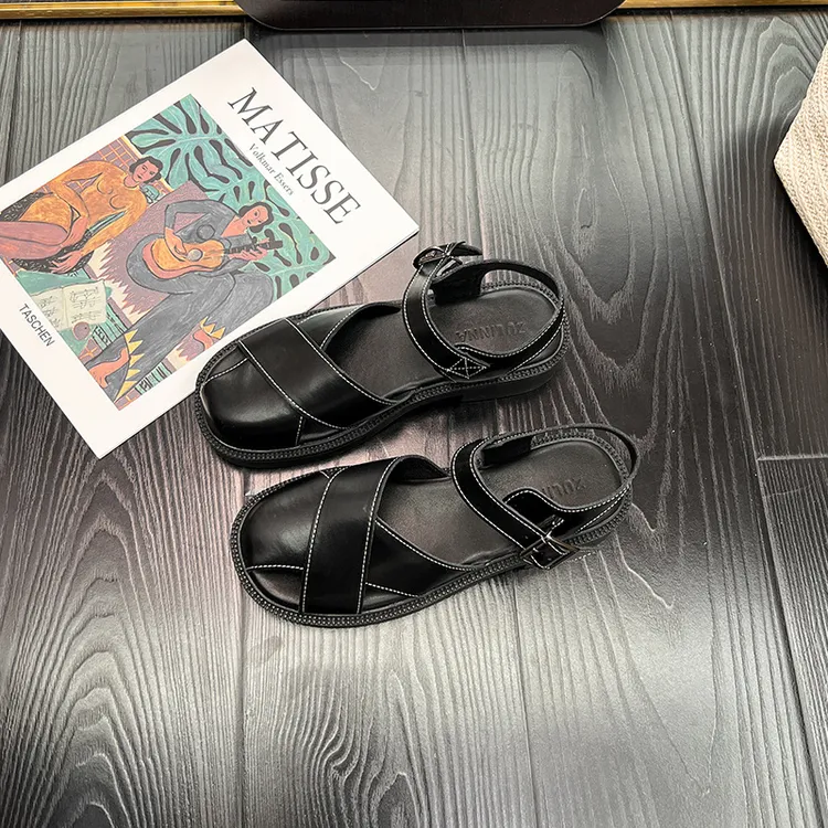 牛皮版~包头凉鞋女夏季编织软底沙滩罗马凉鞋女复古扣带平底凉鞋