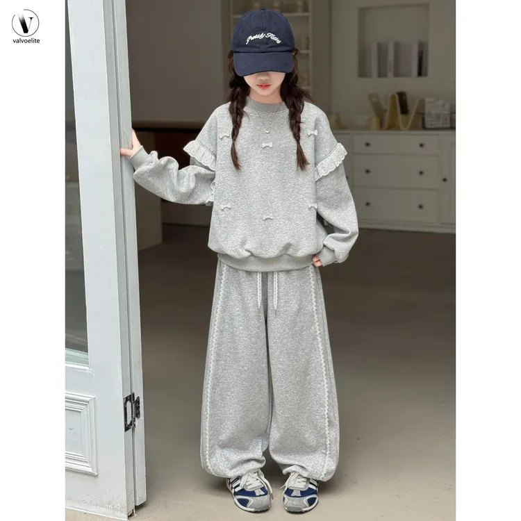 VALVOELITE女童春秋款休闲套头花边卫衣套装大童宽松阔腿裤两件套