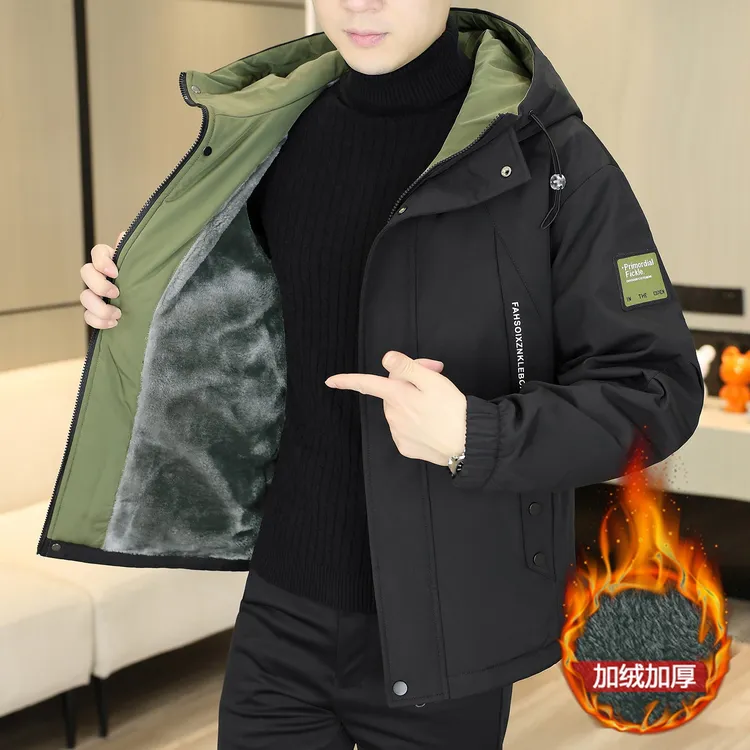 冬季连帽派克服男士冲锋衣工装保暖潮流加绒加厚休闲夹克棉衣外套