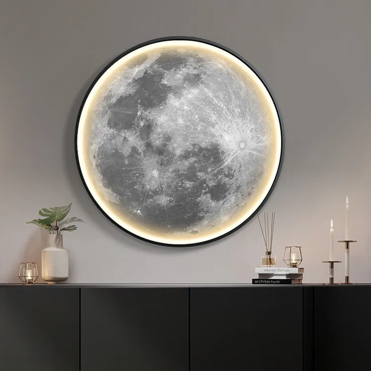 月球圆形玄关装饰画led发光灯画北欧地球行星客厅挂画过道墙壁画