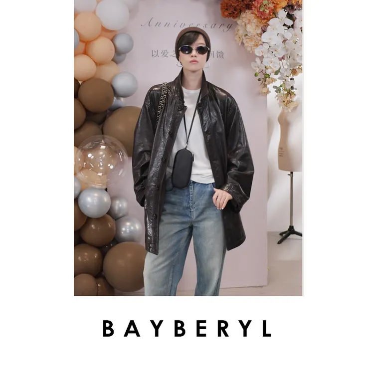 BAYBERYL老贝拓印时光*油蜡挺括翻领秋单排扣皮衣9PY5H1641-8/17