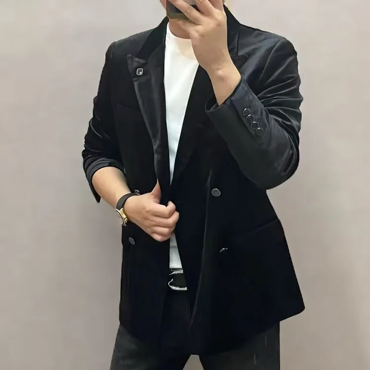 新款高端男士时尚轻奢简约植绒纯色西服7358