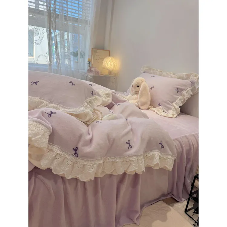 仙女款荷叶边牛奶绒四件套公主风花边珊瑚绒被套1.5m秋冬床单床裙