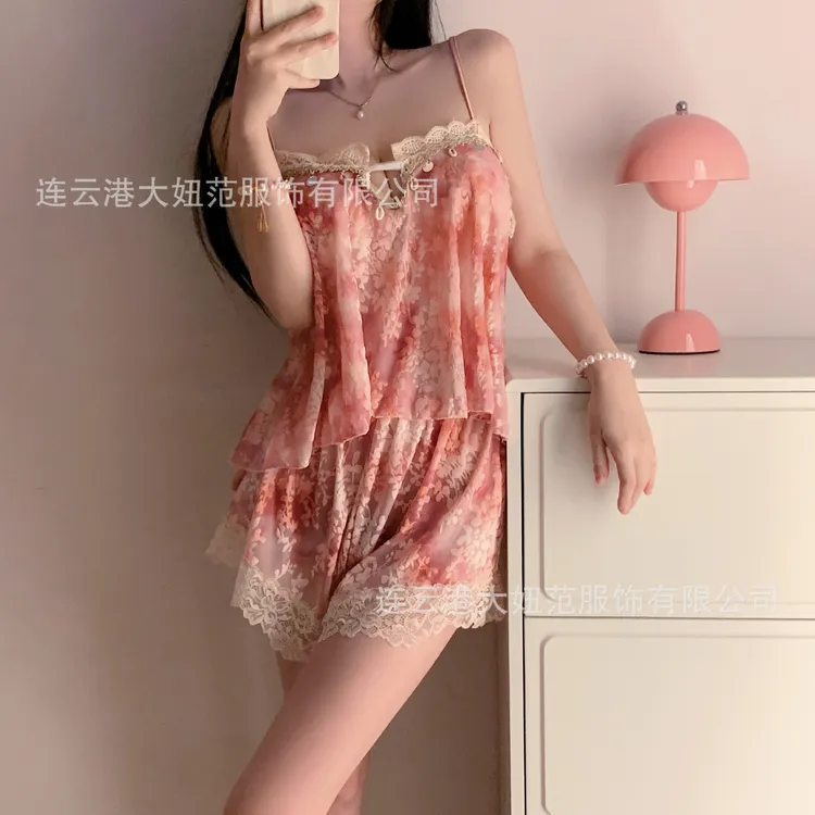 桃花坞~美杜莎新款吊带睡衣两件套装烧花风格纯欲性感带胸垫