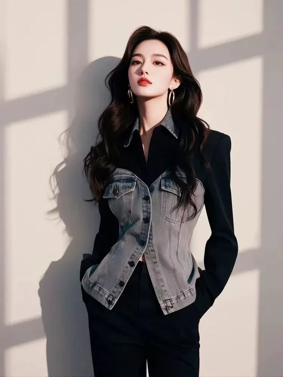 SS776港风穿搭高级感黑色拼接牛仔Polo领收腰衬衫女”新款小上衣