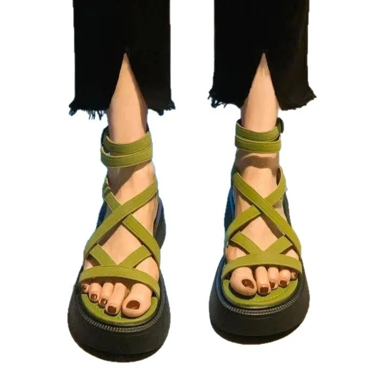 时尚厚底松糕底凉鞋女2025夏季新款百搭镂空交叉细带拉链罗马靴