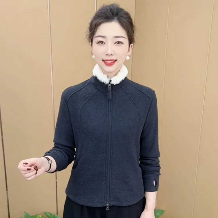 秋冬新款时尚长袖气质厚款立领外套双面绒打底衫显瘦百搭上衣加厚