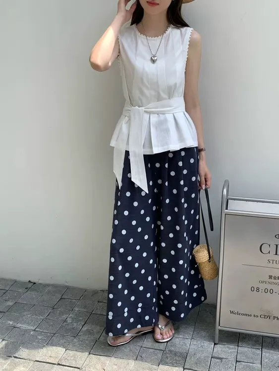 套装女2025夏新款韩版显瘦无袖背心上衣搭配波点阔腿长裤子两件套