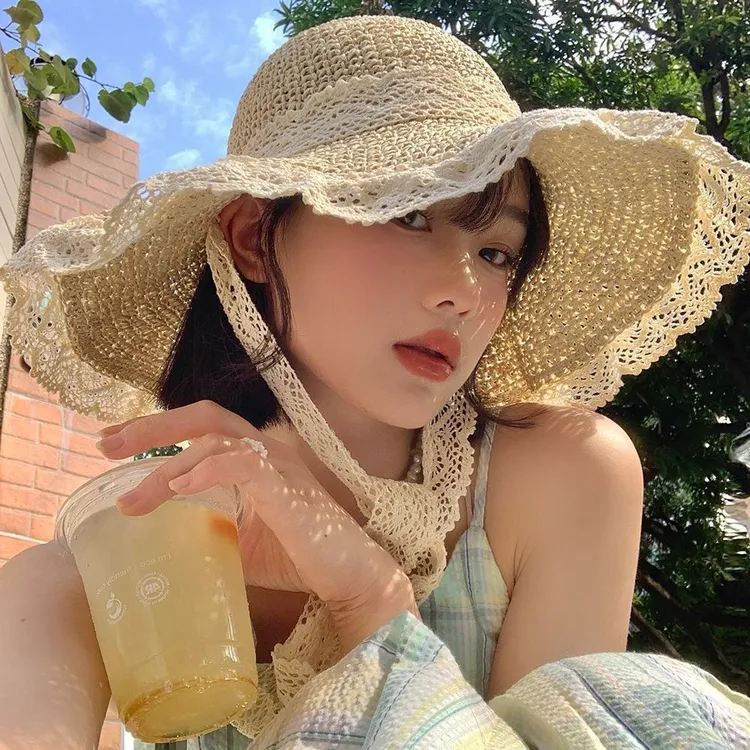 帽子女草编帽女夏季海边沙滩太阳帽大帽檐遮阳帽蕾丝花边FL