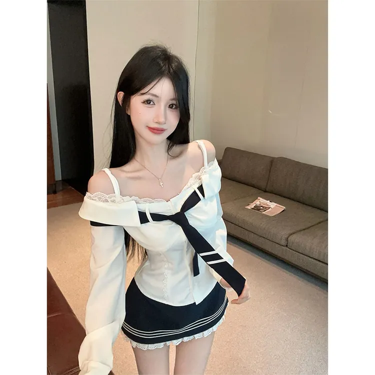 2025秋季新款学院风jk制服套装女一字肩长袖领带衬衫辣妹包臀短裙