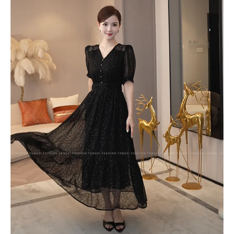 2025夏季新款【H-X369】V领收腰显瘦中长款法式小众茶歇黑色连衣裙