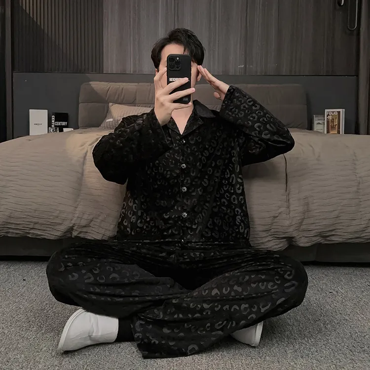 黑色豹纹睡衣男冬季海岛绒加厚加绒2025新款轻奢家居服秋冬款套装