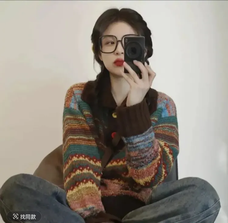 韩系穿搭彩色条纹翻领毛衣女春季新款慵懒风宽松设计感针织衫上衣
