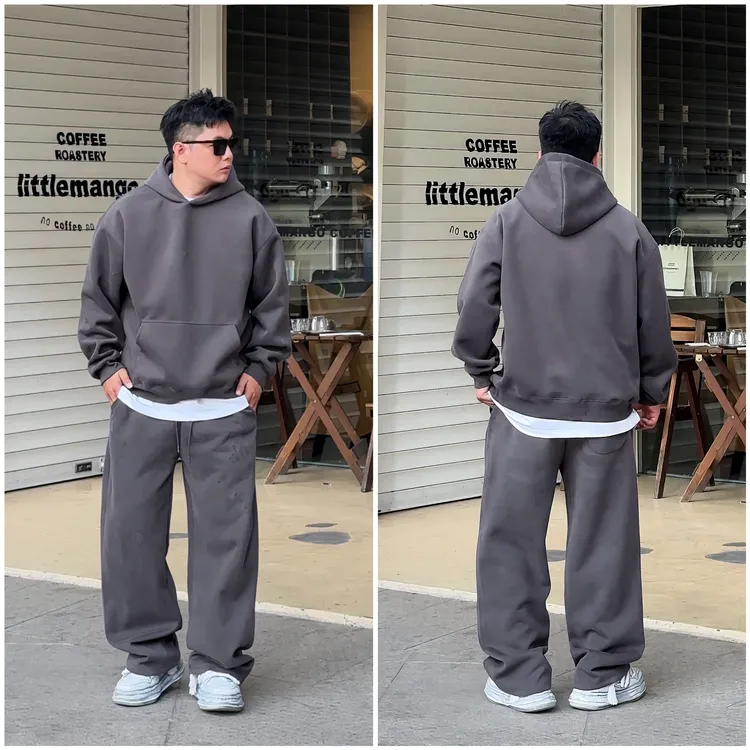 秋冬新款美式休闲运动套装加绒加厚直筒裤宽松连帽卫衣情侣套装