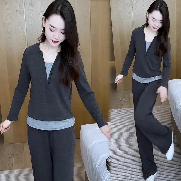 休闲运动套装女2025春季新款时髦洋气质显瘦假两件长袖长裤两件套