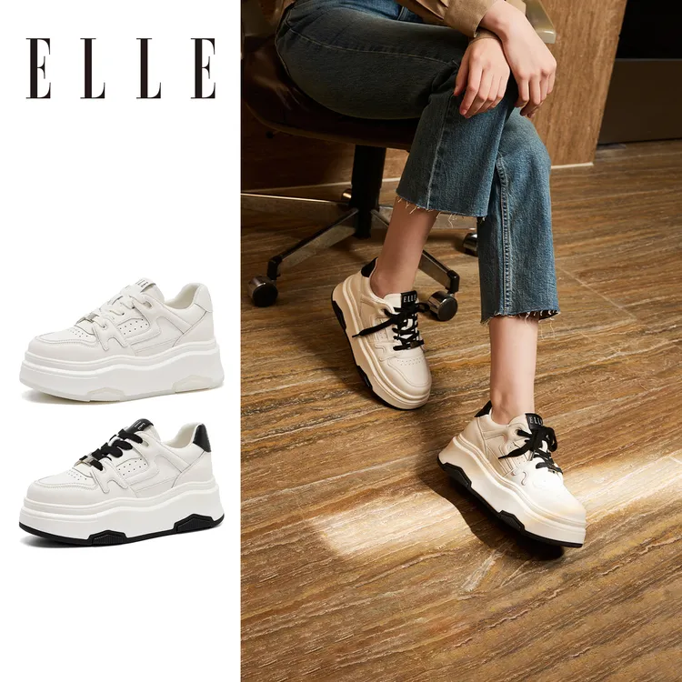 ELLE6CM增高厚底小白鞋女网红爆款松糕底系带休闲板鞋拼色运动鞋