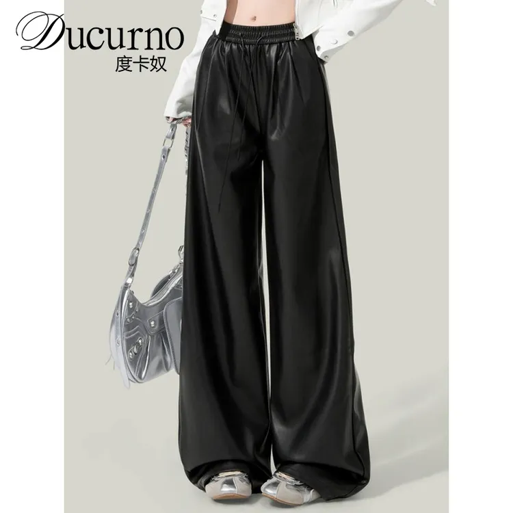 美式黑色高腰阔腿皮裤女2025年秋季新款皮宽松拖地休闲长裤子潮潮