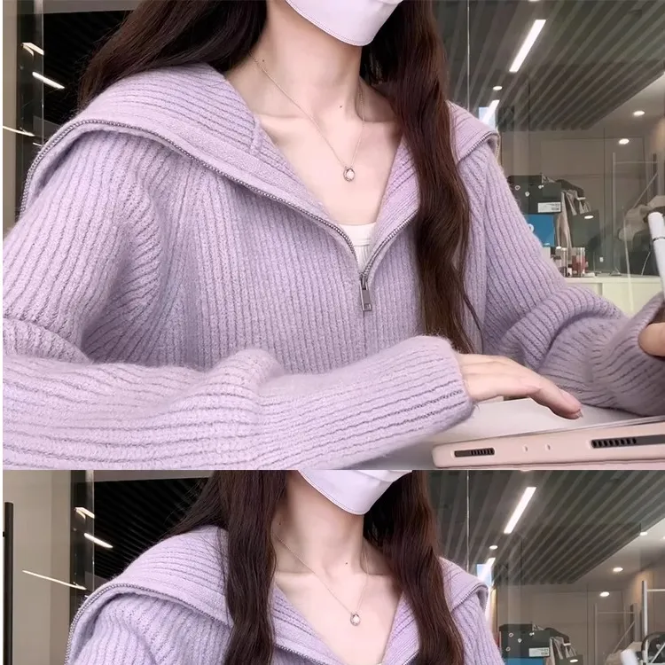 莲叶紫色慵懒奶软糯毛衣女新款秋冬季针织开衫外套爆款感穿搭