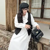 DC8428大码女装【复古学院风套装】秋冬胖mm小香风马甲连衣裙两件套