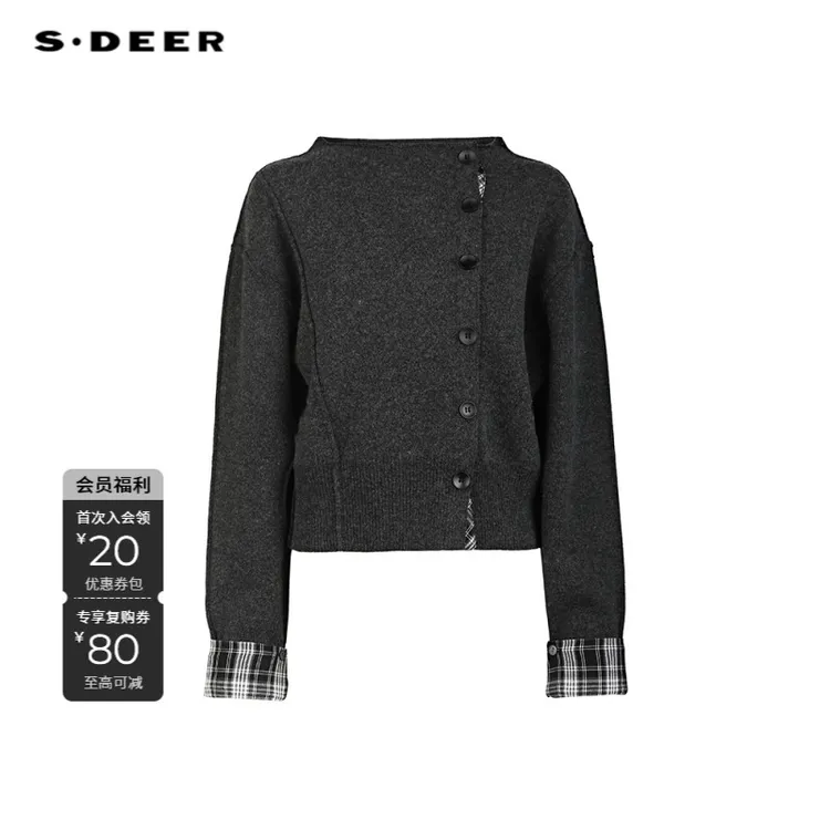 S·DEER圣迪奥小香风气质长袖短款时尚百搭灰色绵羊毛针织衫